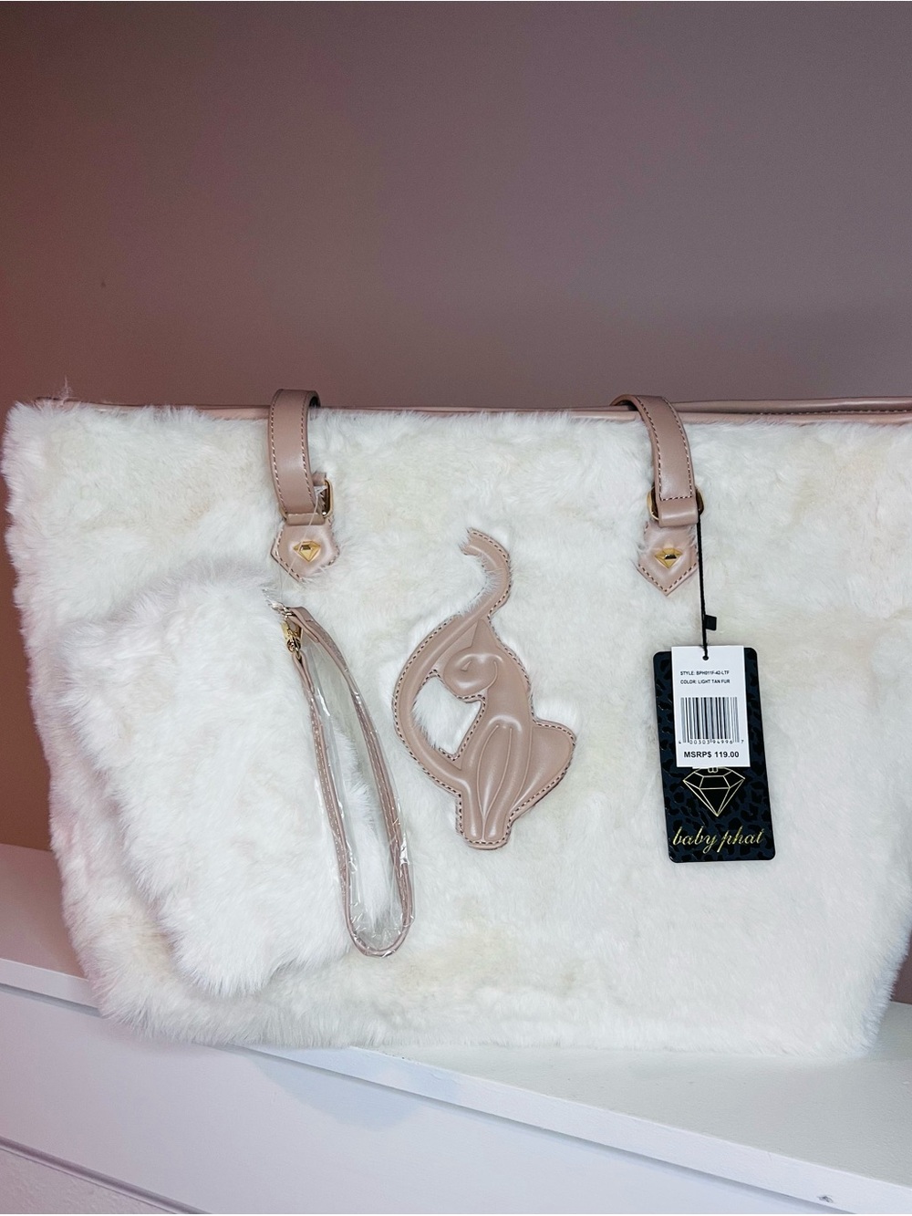 Baby Phat Cream Faux Fur Tote with Blush Trim and Cat Charm